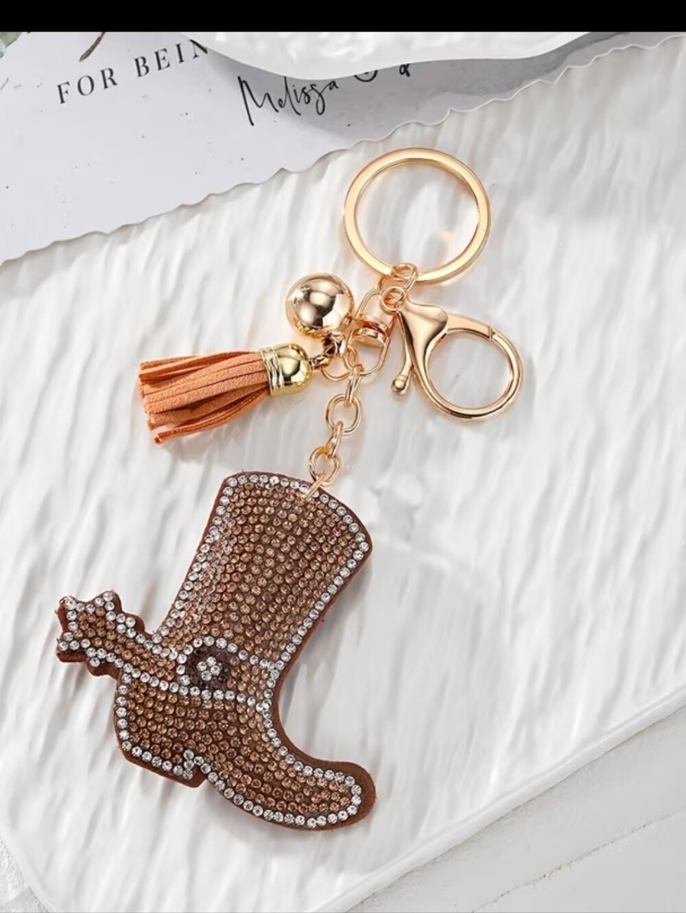 Rhinestone Cowboy Boot Keychain - Gold Hardware, Brown Tassel